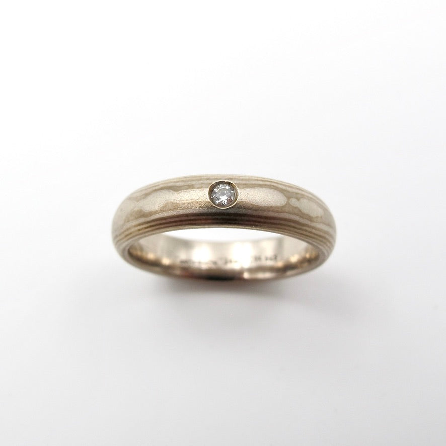 Wood Grain Mokume Gane Ring with Diamond