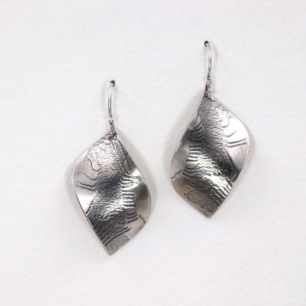 Shimmering Leaf Silver Earrings, Soft Grid Texture