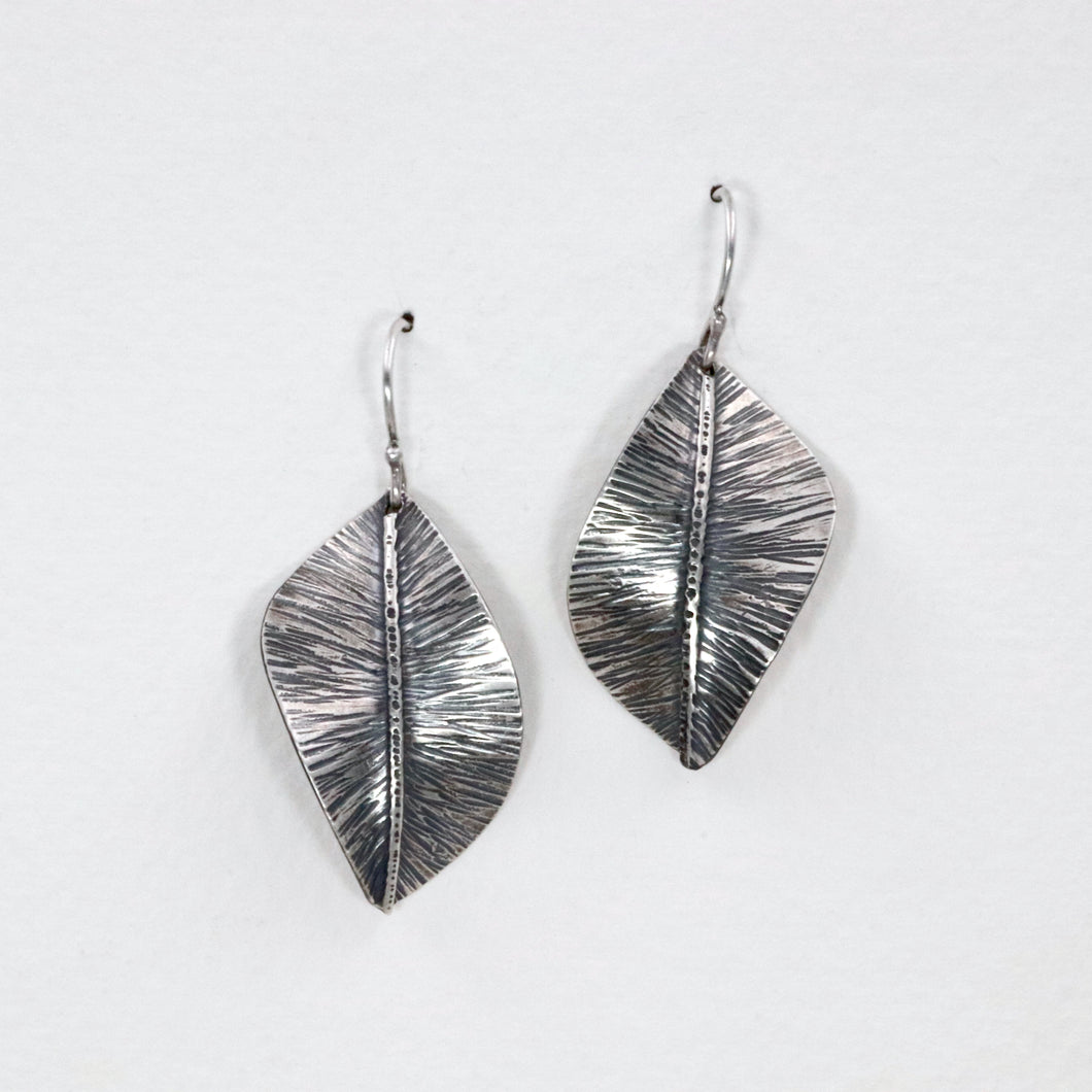 Shimmering Leaf Silver Earrings, Hammered Texture