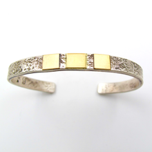 Load image into Gallery viewer, Silver Stackable Hammered Cuff, 3 Gold Squares
