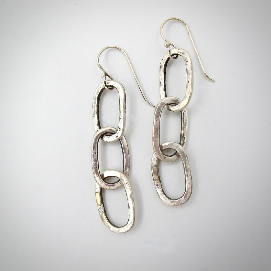 Chain Link Earrings with Gold and Diamonds, Triple Link