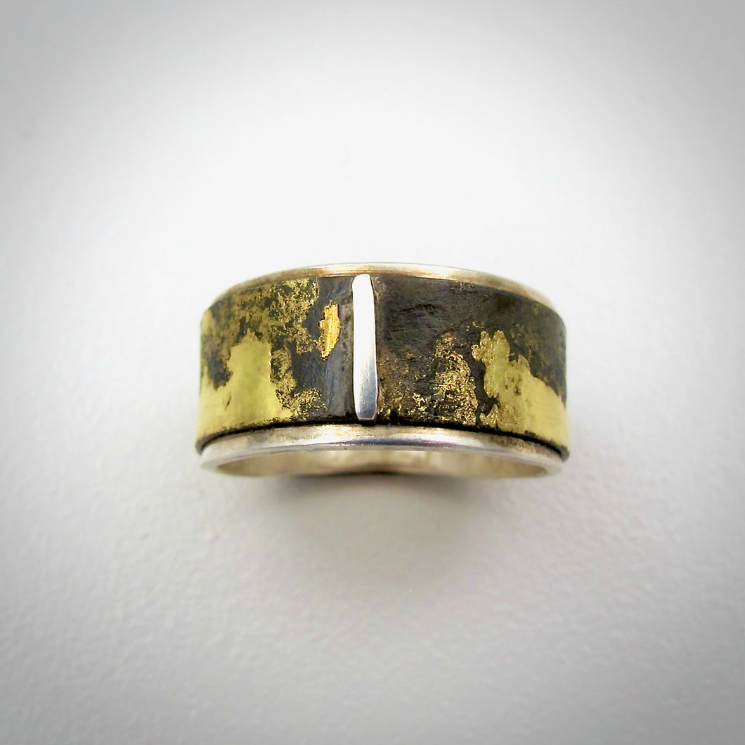 Steel, Gold and Silver Ring with Fine Silver Line